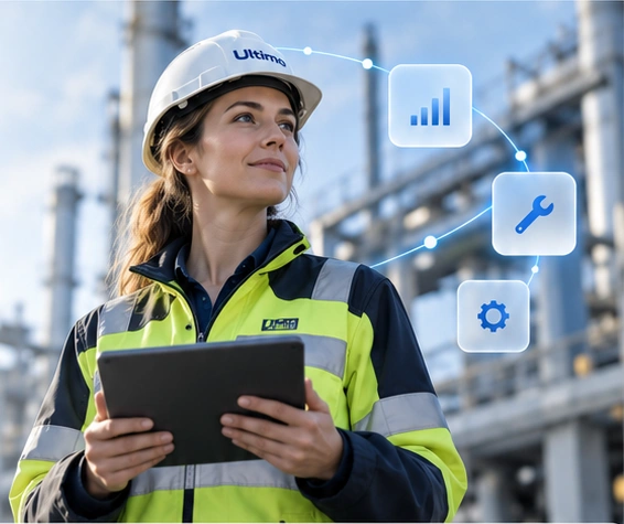 Ultimo engineer with a tablet at an industrial facility, surrounded by connected maintenance and performance graphics