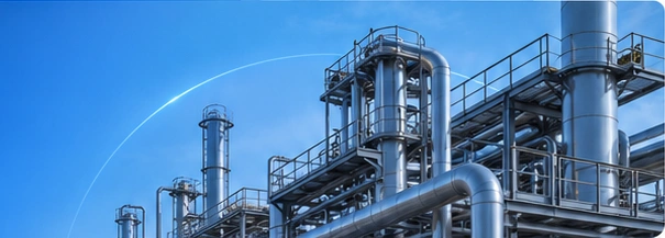 Industrial pipework and processing towers beneath a clear sky
