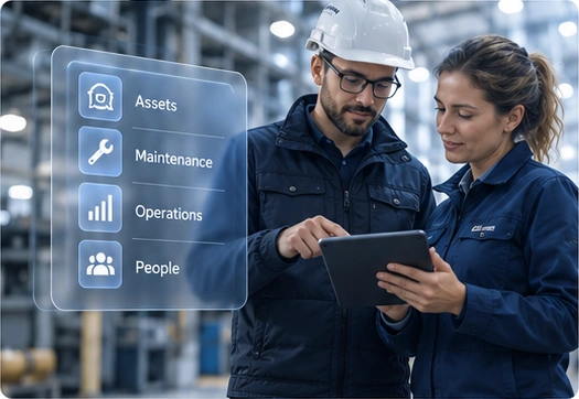 Two Ultimo maintenance professionals reviewing a tablet, with an overlay connecting assets, maintenance, operations, and people